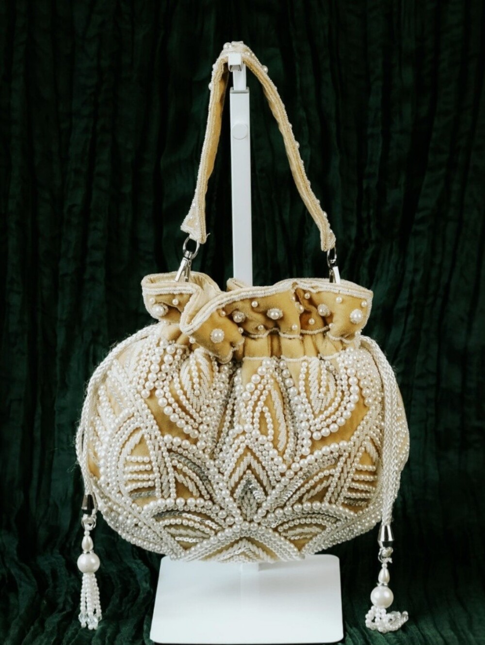 Pearl-Embellished Blush Drawstring Shoulder  Bag In 4 Colors. $80 Each.